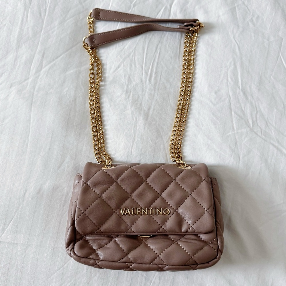Valentino Quilted Tan Crossbody Bag with Gold Chain